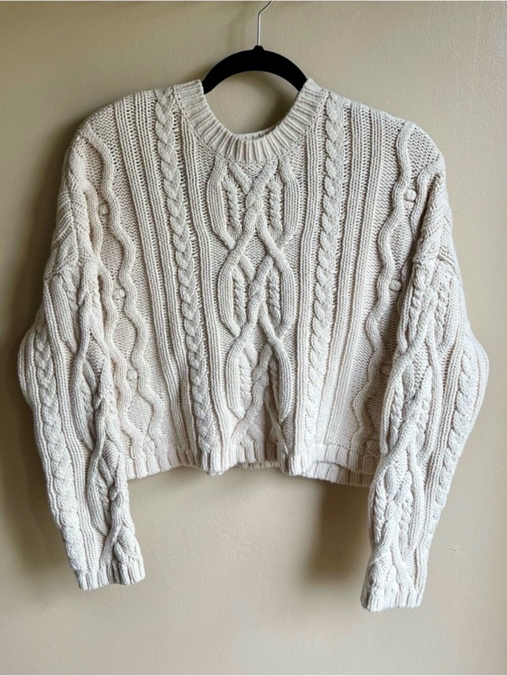 Jessica Simpson Cream Cropped Aran Cable-Knit Fisherman Sweater M